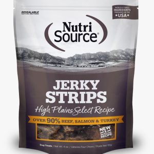 NUTRISOURCE TREATS JERKY STRIPS High Plains Beef, Salmon & Turkey 4onz -Perro